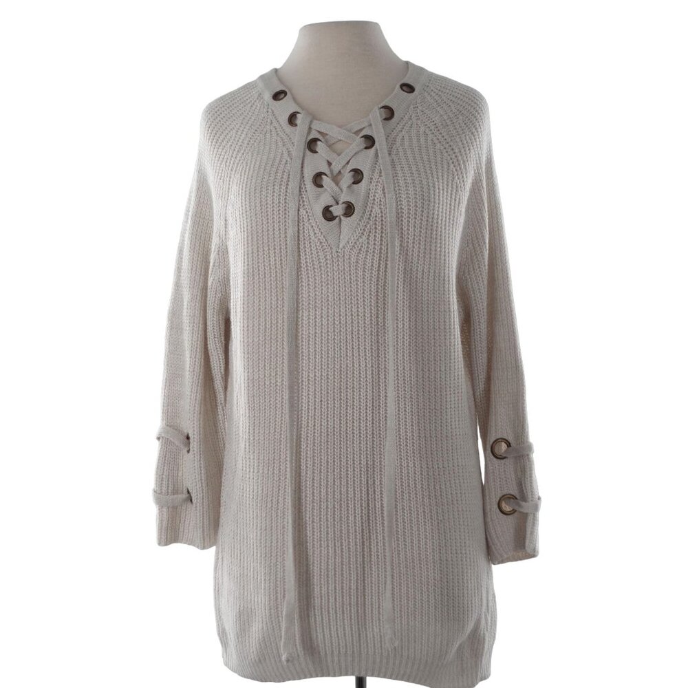 Crisscross Lace Up V Neck Cotton Blend Knit Pullover Tunic Sweater S/M